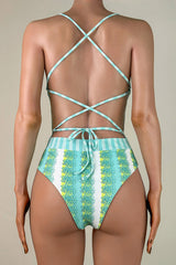 Fresh Print Bow Cutout Ruffle Low Back Tie String Brazilian Cheeky One Piece Swimsuit