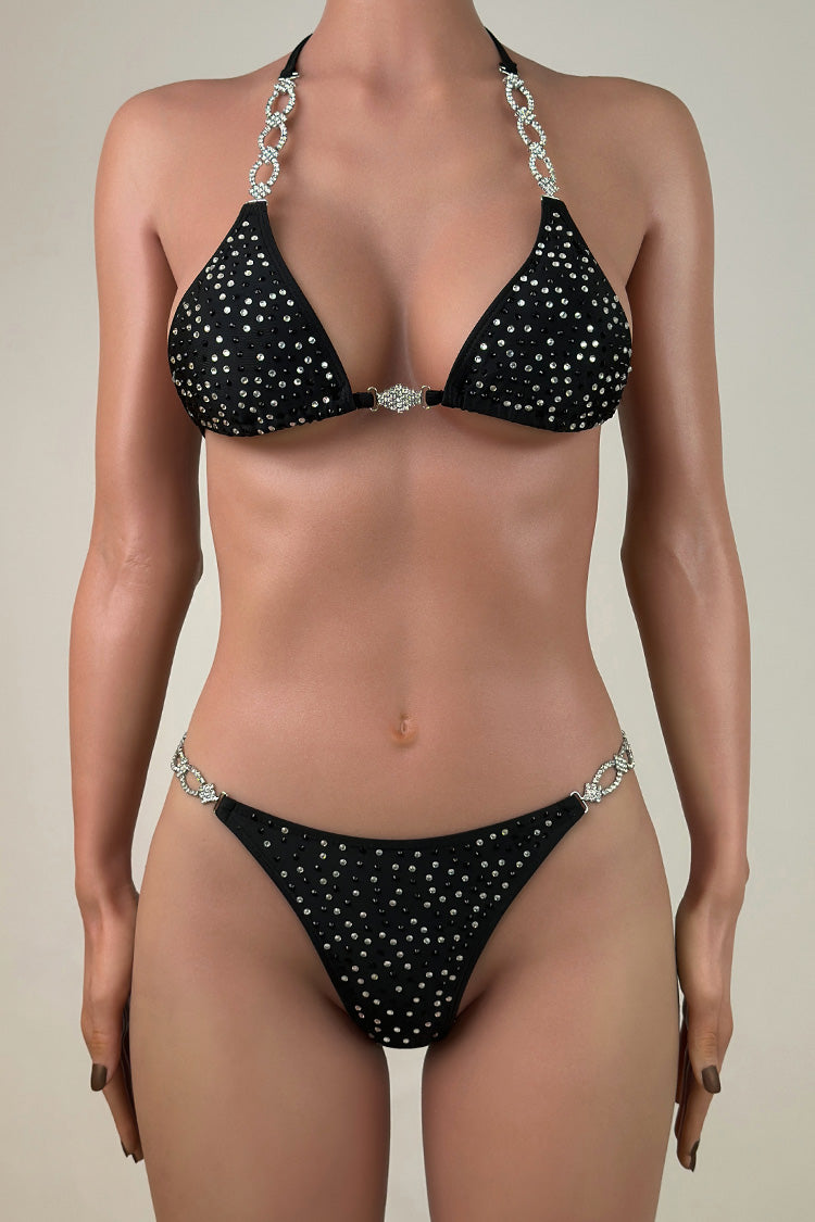 Glittering Crystal Brazilian Cheeky Tie String Halter Slide Triangle Bikini Set