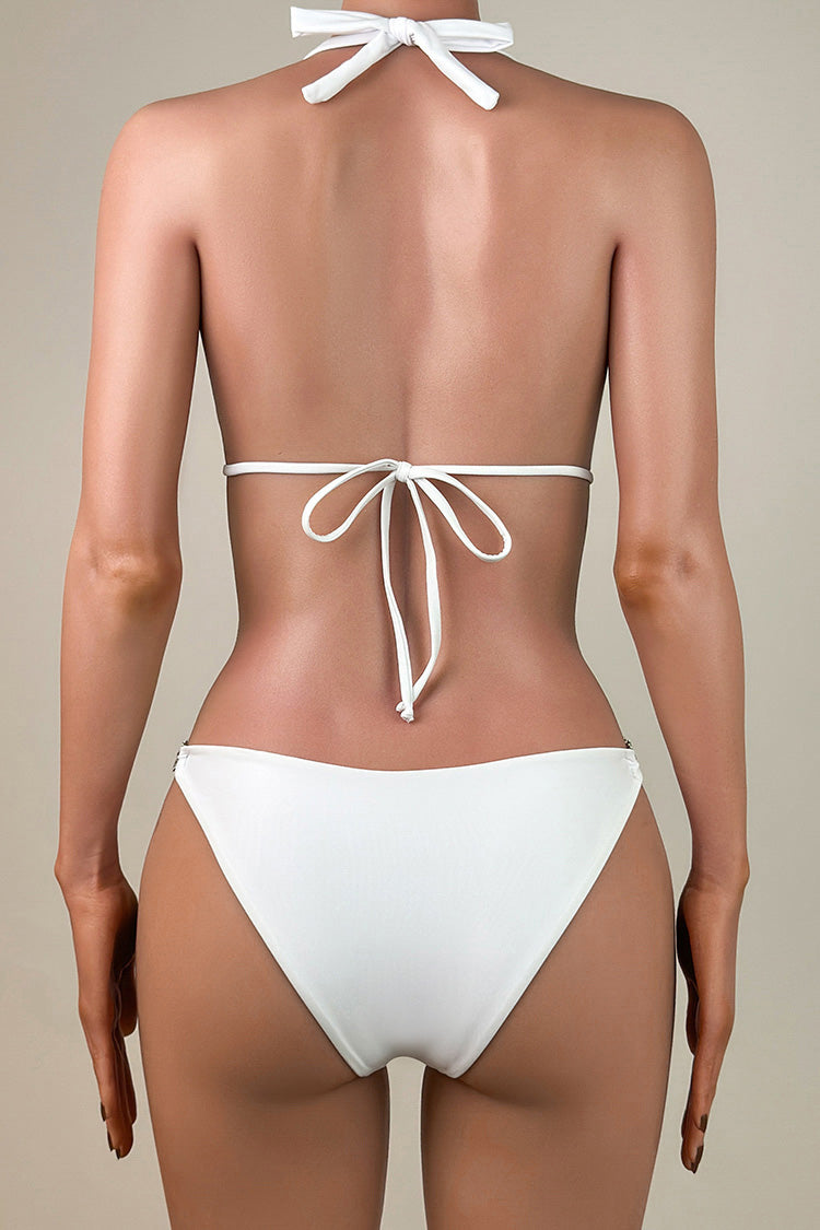 Glittering Rhinestone Detail Brazilian Cheeky Halter Slide Triangle Bikini Set