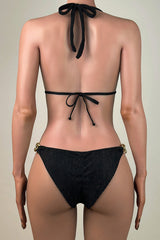 Gold Toned Chain Rib Velvet Brazilian Cheeky Scrunch Halter Triangle Bikini Set