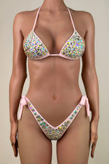 Iridescent Crystal Strappy Brazilian Cheeky Halter Slide Triangle Bikini Set