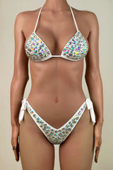 Iridescent Crystal Strappy Brazilian Cheeky Halter Slide Triangle Bikini Set