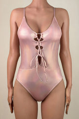 Iridescent Metallic Cutout Tie String Brazilian Cheeky One Piece Swimsuit