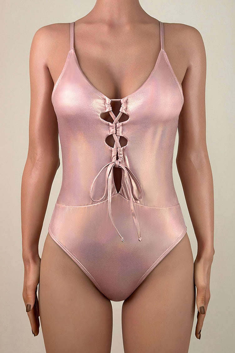 Iridescent Metallic Cutout Tie String Brazilian Cheeky One Piece Swimsuit