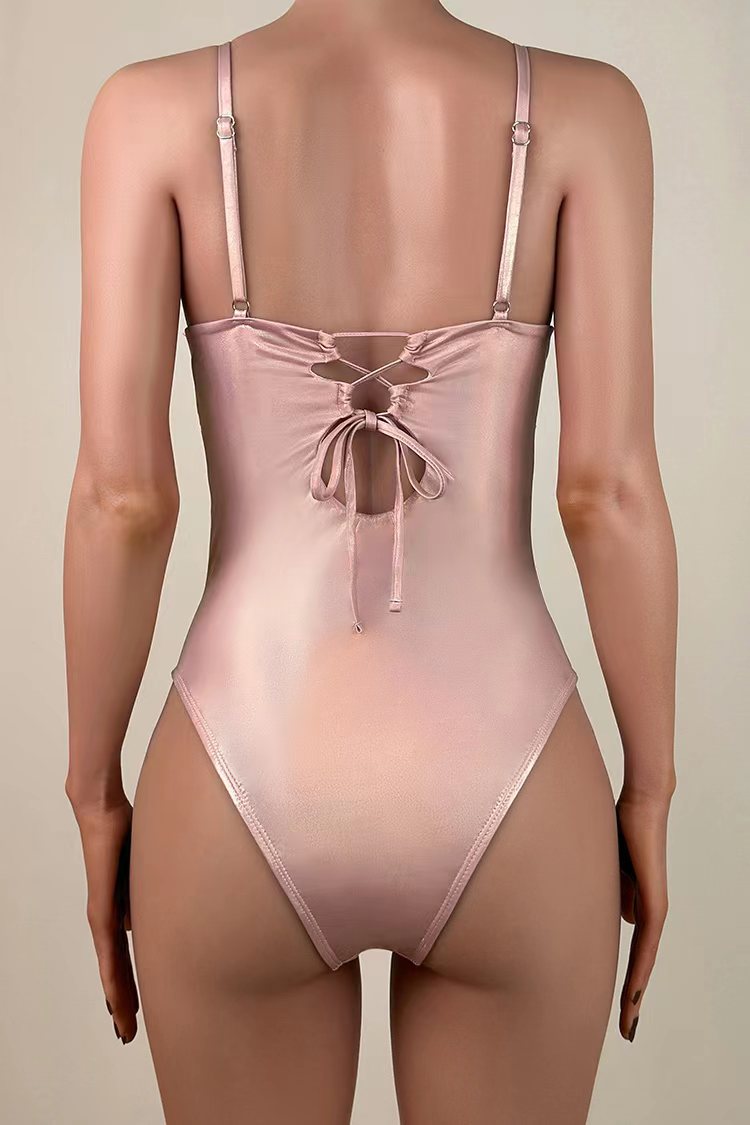 Iridescent Metallic Cutout Tie String Brazilian Cheeky One Piece Swimsuit