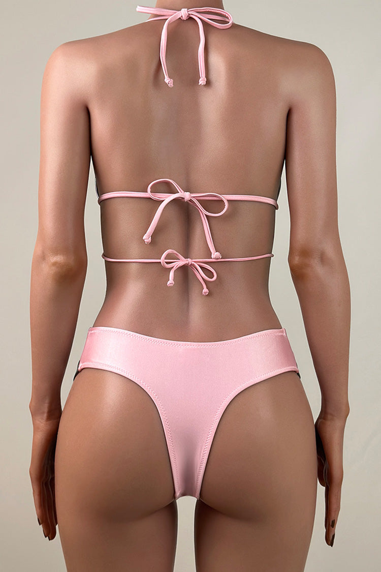 Metallic Strappy Low Waist Brazilian Cheeky Tie String Push Up Triangle Bikini Set