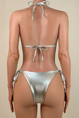 Metallic Tie String Brazilian Cheeky Halter Slide Triangle Bikini Set