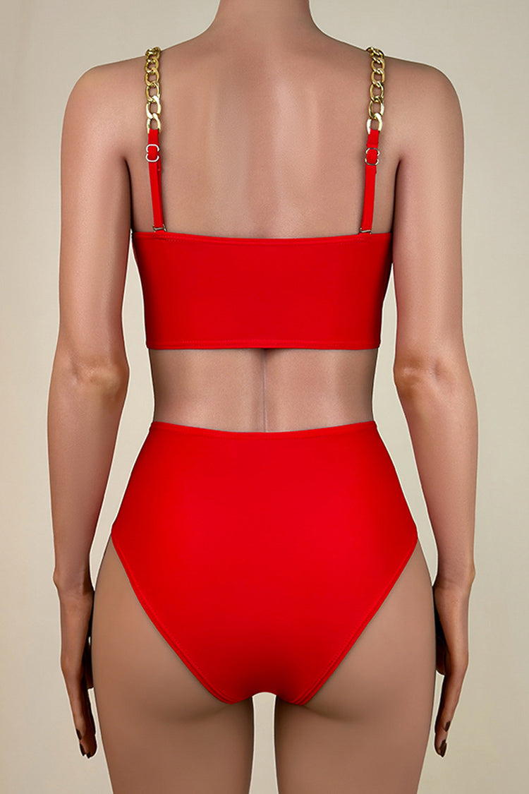Moderate High Waist Brazilian Cheeky Gold Chain Detail Push Up Bralette Bikini Set