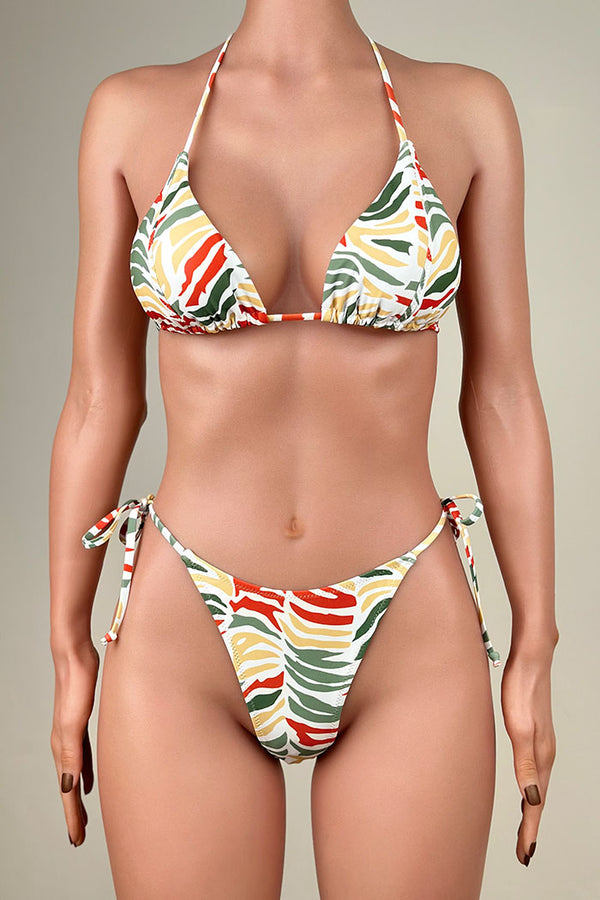 Multicolor Printed Tie String Brazilian Cheeky Halter Slide Triangle Bikini Set