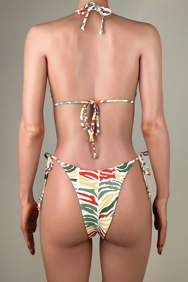 Multicolor Printed Tie String Brazilian Cheeky Halter Slide Triangle Bikini Set