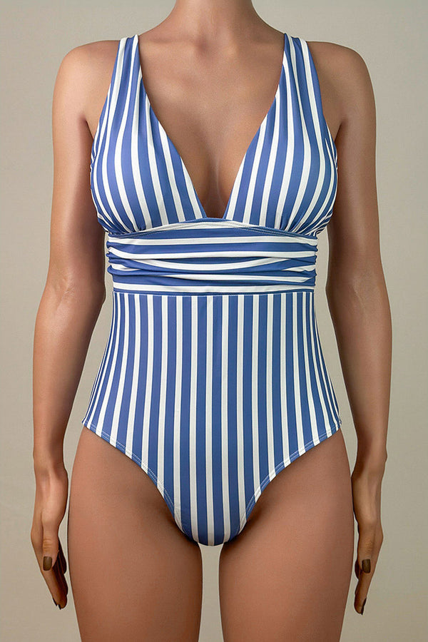 Nautical Contrast Striped Print Plunging Neck Ruched One Piece Swimsuit