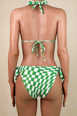 Playful Contrast Plaid Print Low Waist Brazilian Cheeky Halter Slide Bikini Set