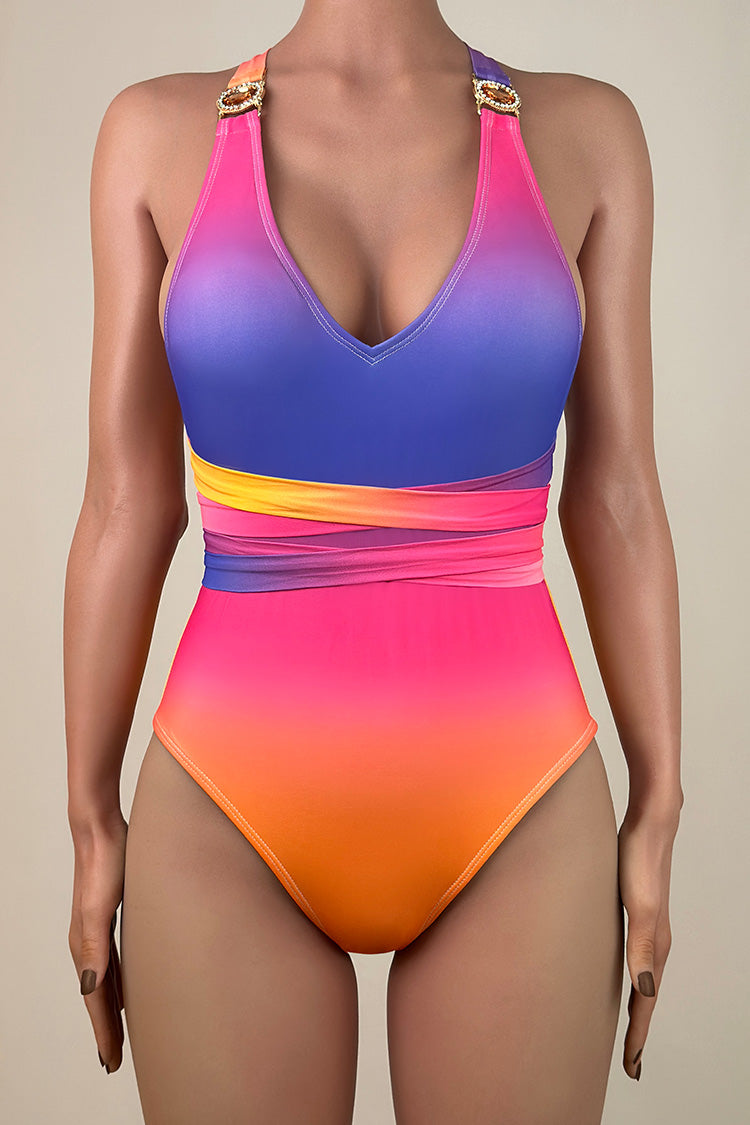 Rainbow Tie Dye Crystal Plunge Open Back Brazilian Cheeky Wrap One Piece Swimsuit