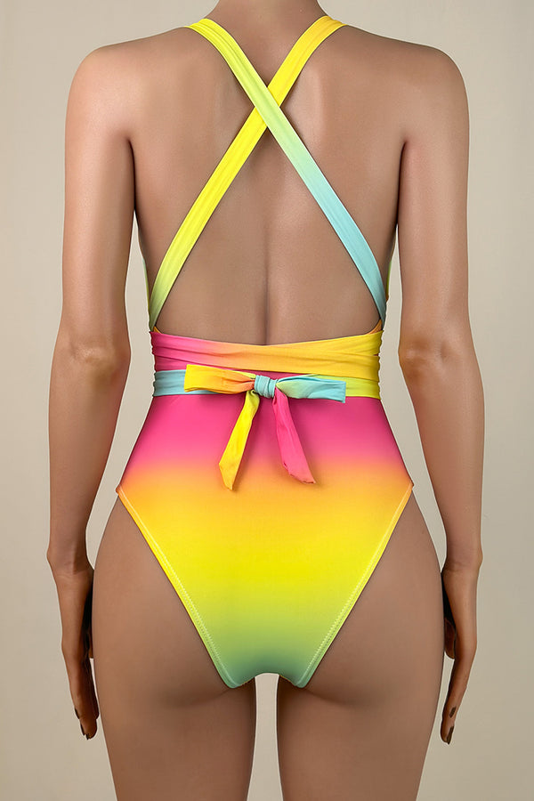Rainbow Tie Dye Crystal Plunge Open Back Brazilian Cheeky Wrap One Piece Swimsuit
