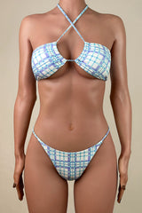 Refreshing Gingham Print Low Rise Brazilian Cheeky Self Tie Bandeau Bikini Set