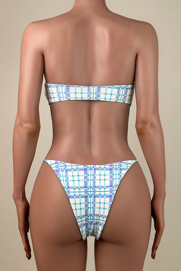 Refreshing Gingham Print Low Rise Brazilian Cheeky Self Tie Bandeau Bikini Set