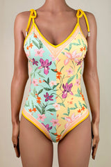 Reversible Floral Print V Neck Tie Shoulder Brazilian Cheeky One Piece Swimsuit