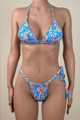 Sexy Abstract Print Tie String Brazilian Cheeky Scrunch Halter Triangle Bikini Set