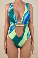 Sexy Color Block Deep V Cutout Tie String Wrap Brazilian Cheeky One Piece Swimsuit