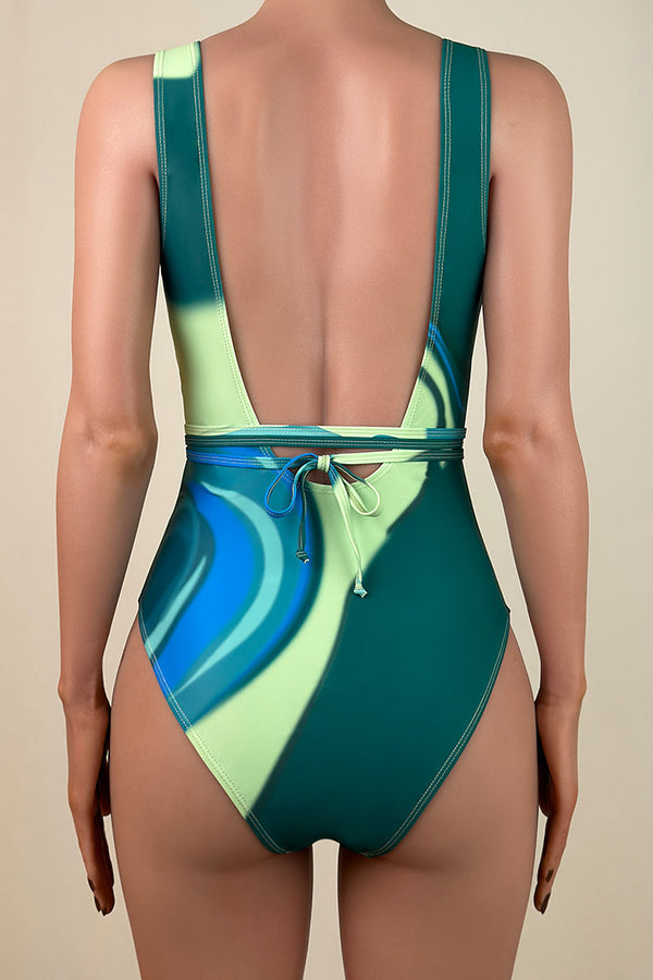 Sexy Color Block Deep V Cutout Tie String Wrap Brazilian Cheeky One Piece Swimsuit