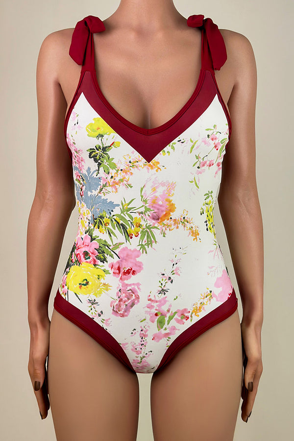 Sexy Contrast Floral Print Tie Shoulder V Neck Brazilian Cheeky One Piece Swimsuit