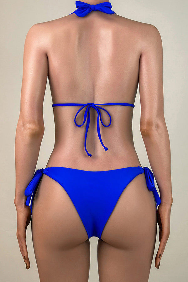 Sexy Crystal O Ring Low Rise Brazilian Cheeky Halter Tie Triangle Bikini Set