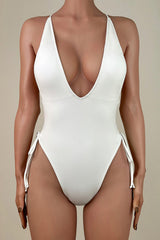 Sexy Deep V Low Back Tie String High Cut Brazilian Cheeky One Piece Swimsuit