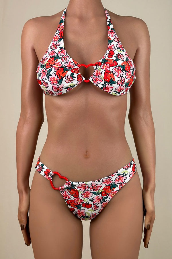 Sexy Floral Print Heart Ring Brazilian Cheeky Halter Bralette Bikini Set