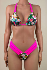 Sexy Floral Print High Cut Brazilian Cheeky Halter Slide Triangle Bikini Set