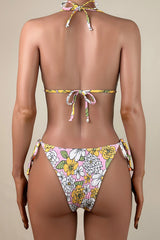 Sexy Floral Shirred Tie String Brazilian Cheeky Halter Slide Triangle Bikini Set