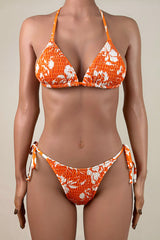Sexy Floral Shirred Tie String Brazilian Cheeky Halter Slide Triangle Bikini Set