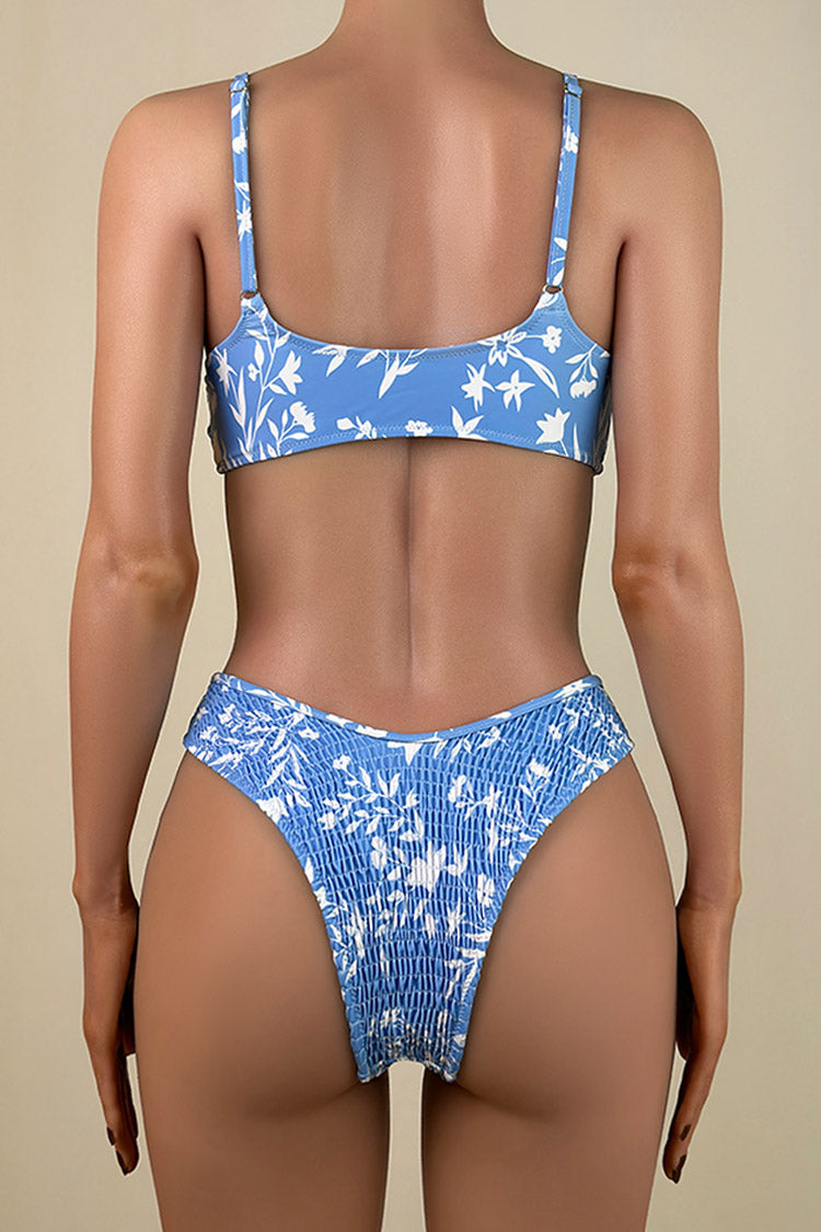 Sexy Leaf Print Shirred High Cut Brazilian Cheeky Bralette Bikini Set