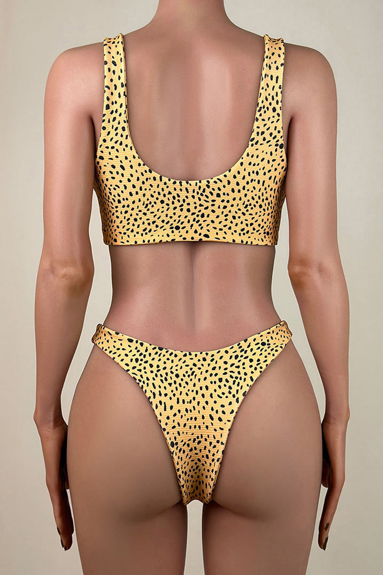 Sexy Leopard Print Ribbed High Leg Brazilian Cheeky Tie Front Bralette Bikini Set