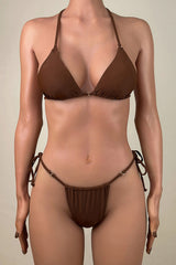Sexy Metal Hardware Tie String Brazilian Cheeky Halter Slide Triangle Bikini Set
