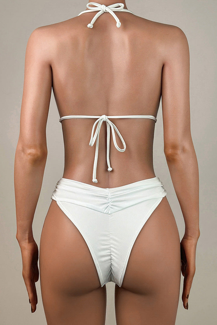 Sexy Pleated High Cut Brazilian Cheeky Scrunch Tie String Slide Triangle Bikini Set
