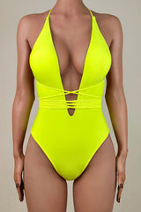 Sexy Plunge Low Back High Leg Brazilian Cheeky Wrapped One Piece Swimsuit