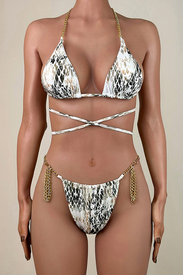 Sexy Printed Chain Brazilian Cheeky Tie String Wrap Halter Slide Triangle Bikini Set