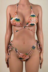 Sexy Printed Strappy Tie String Brazilian Cheeky Halter Slide Triangle Bikini Set