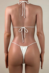 Sexy Ribbed Brazilian Cheeky Thong Tie String Micro Halter Triangle Bikini Set