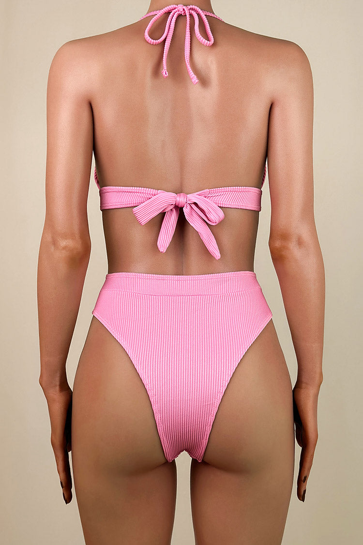 Sexy Ribbed High Waist Brazilian Cheeky Tie Back Halter Triangle Bikini Set