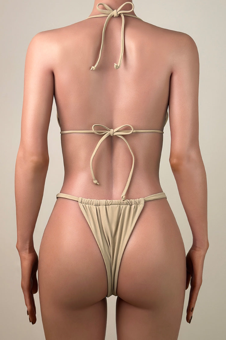 Sexy Ruched High Leg Brazilian Cheeky Thong Halter Slide Triangle Bikini Set