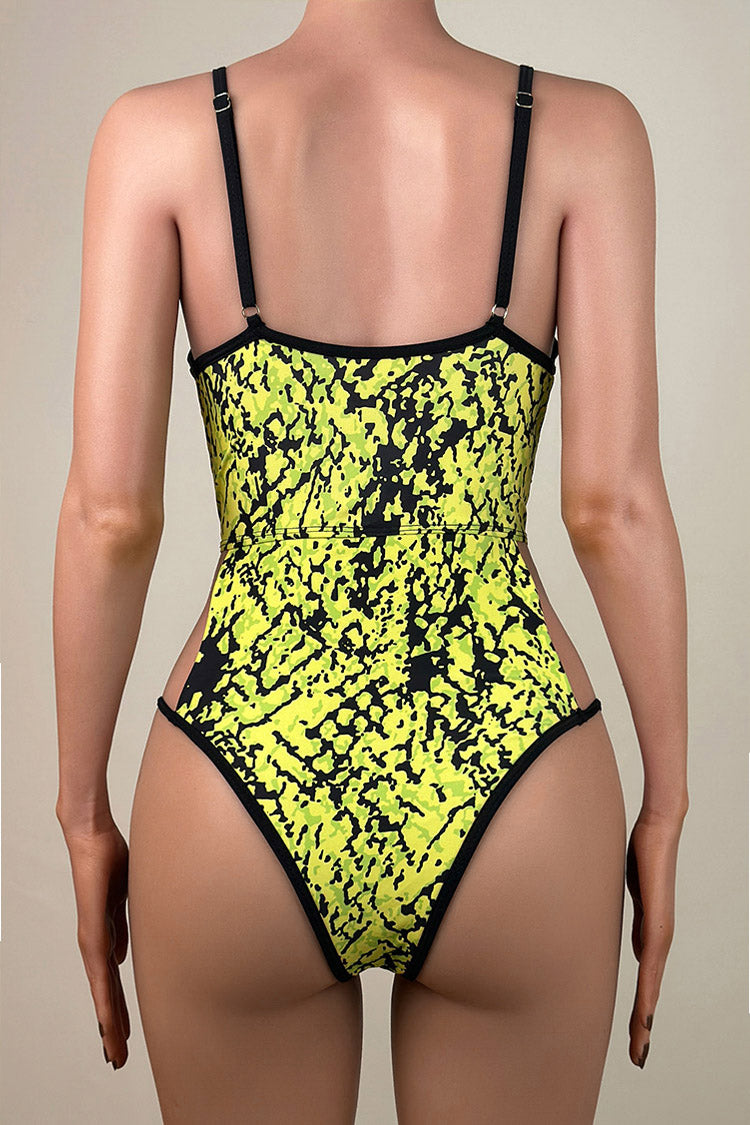 Sexy Snake Print Cutout String Brazilian Cheeky Underwire One Piece Swimsuit