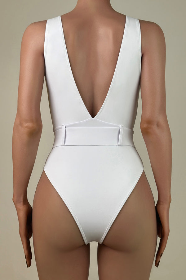 Sexy Solid Color Belted Deep V Brazilian Cheeky High Leg One Piece Swimsuit