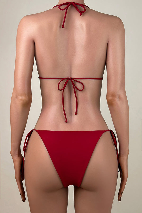 Sexy Solid Color Tie String Brazilian Cheeky Halter Slide Micro Triangle Bikini Set