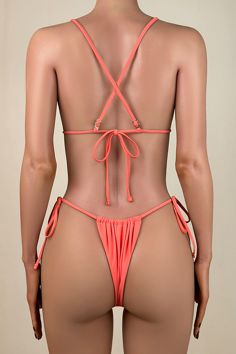 Sexy Solid Color Tie String Brazilian Cheeky Thong Slide Triangle Bikini Set