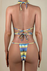 Sexy Striped Print Tie String Brazilian Cheeky Halter Wrap Triangle Bikini Set