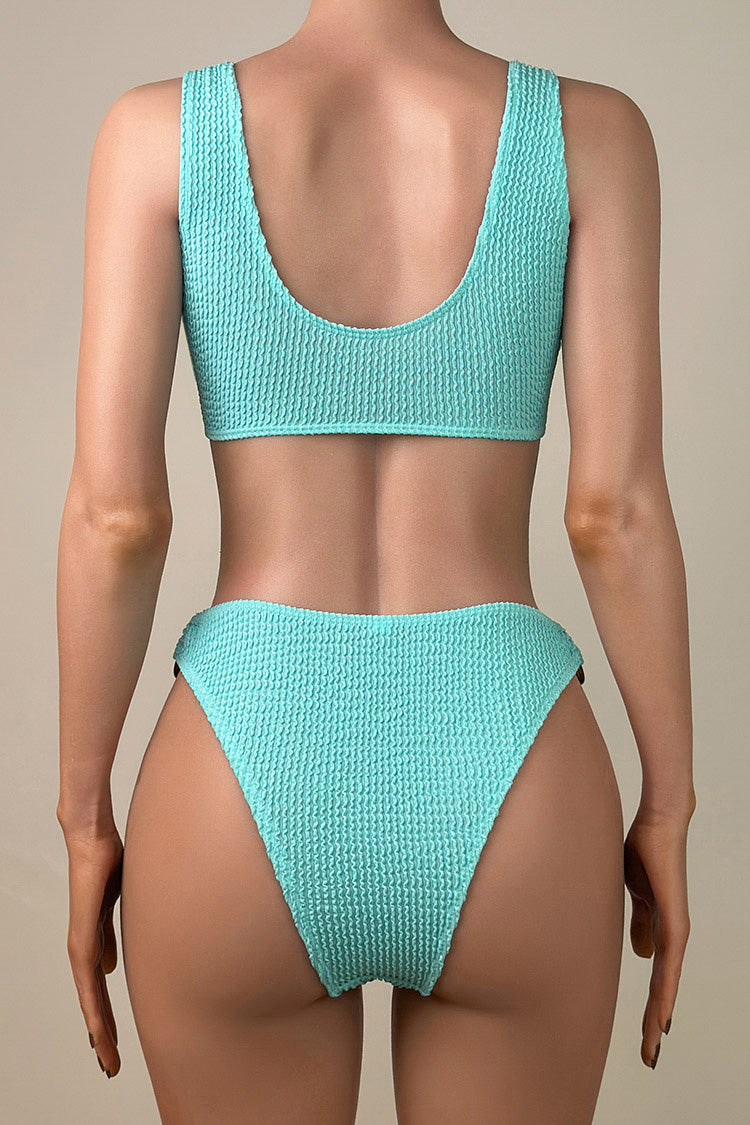 Sexy Textured Crinkle O Ring High Leg Brazilian Cheeky Bralette Bikini Set