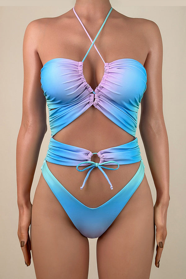 Sexy Tie Dye High Leg Brazilian Cheeky Thong Lace Up Cutout One Piece Swimsuit