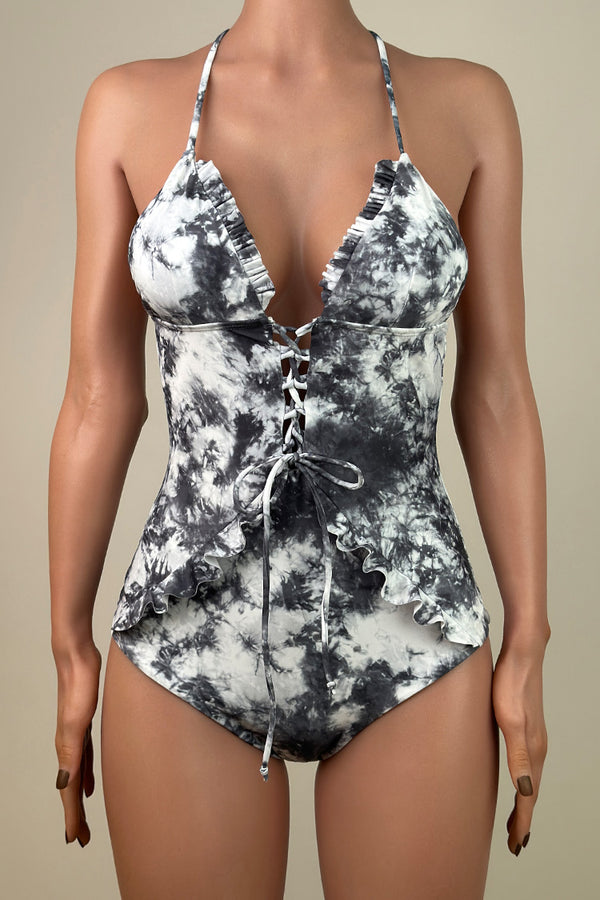 Sexy Tie Dye Print Ruffle Trim Lace Up Plunging Halter One Piece Swimsuit