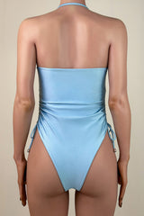 Shiny Cutout Ruched Tie String Brazilian Cheeky Halter One Piece Swimsuit
